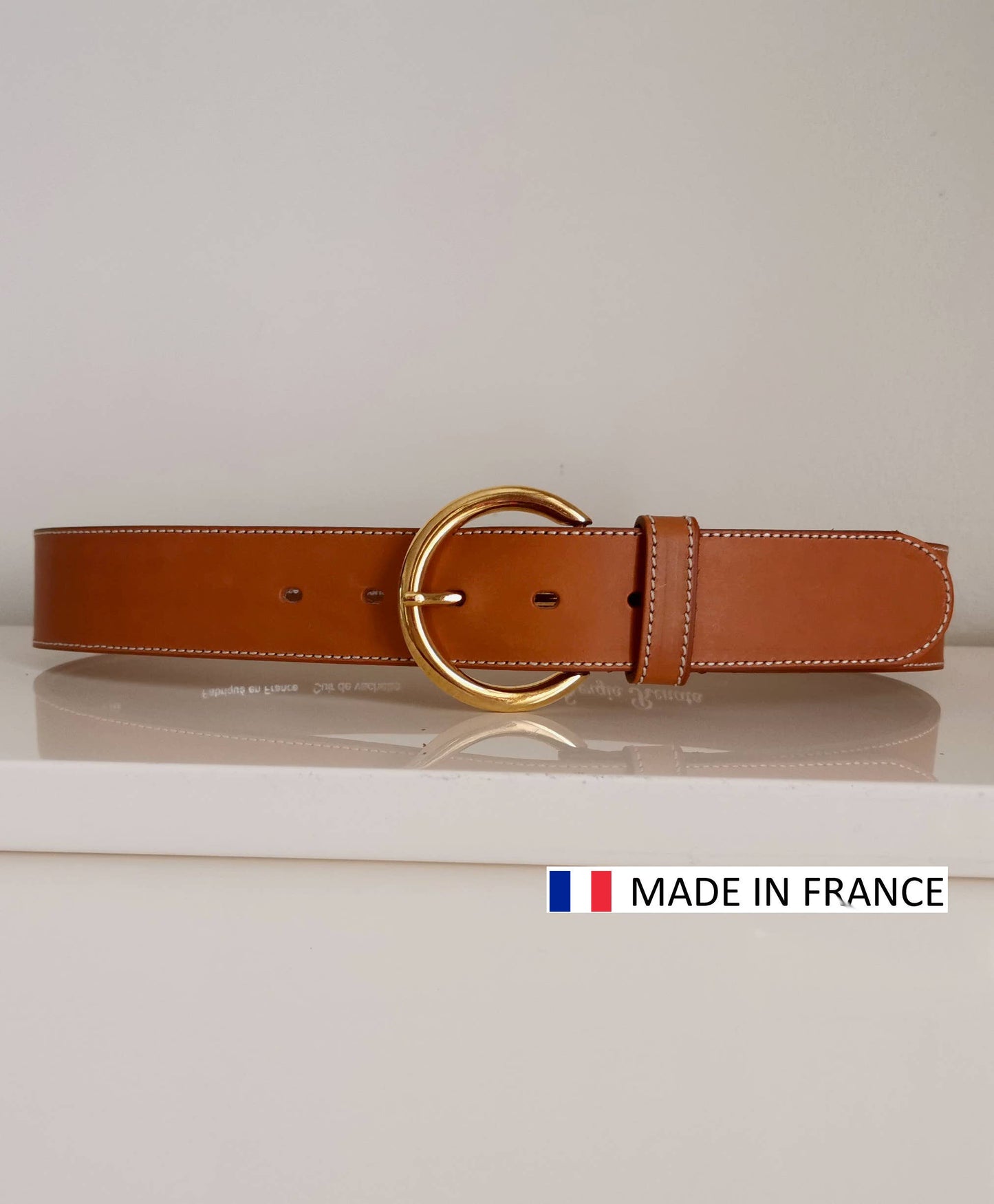 Ceinture en cuir Vachette surpiquée 40mm - boucle ronde: Cognac / 95