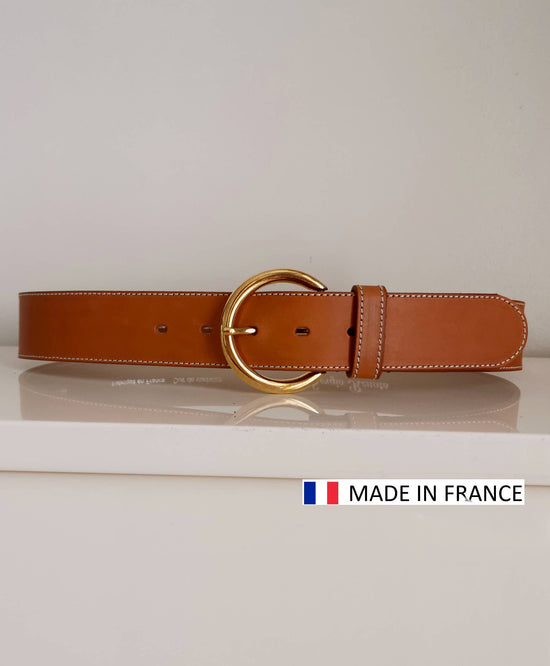 Ceinture en cuir Vachette surpiquée 40mm - boucle ronde: Cognac / 75