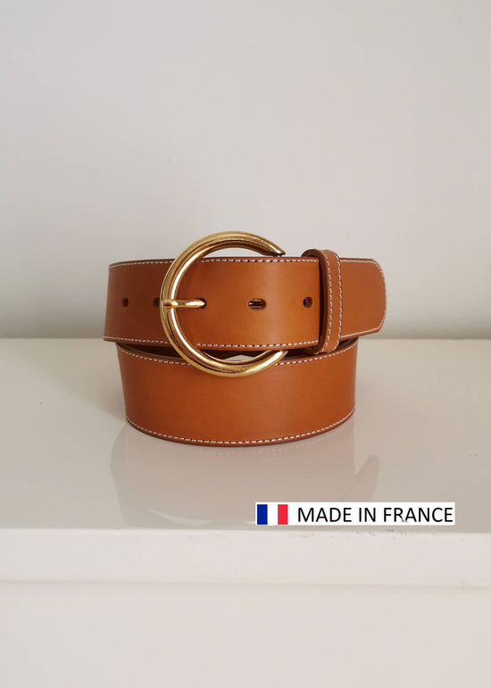 Ceinture en cuir Vachette surpiquée 40mm - boucle ronde: Cognac / 95