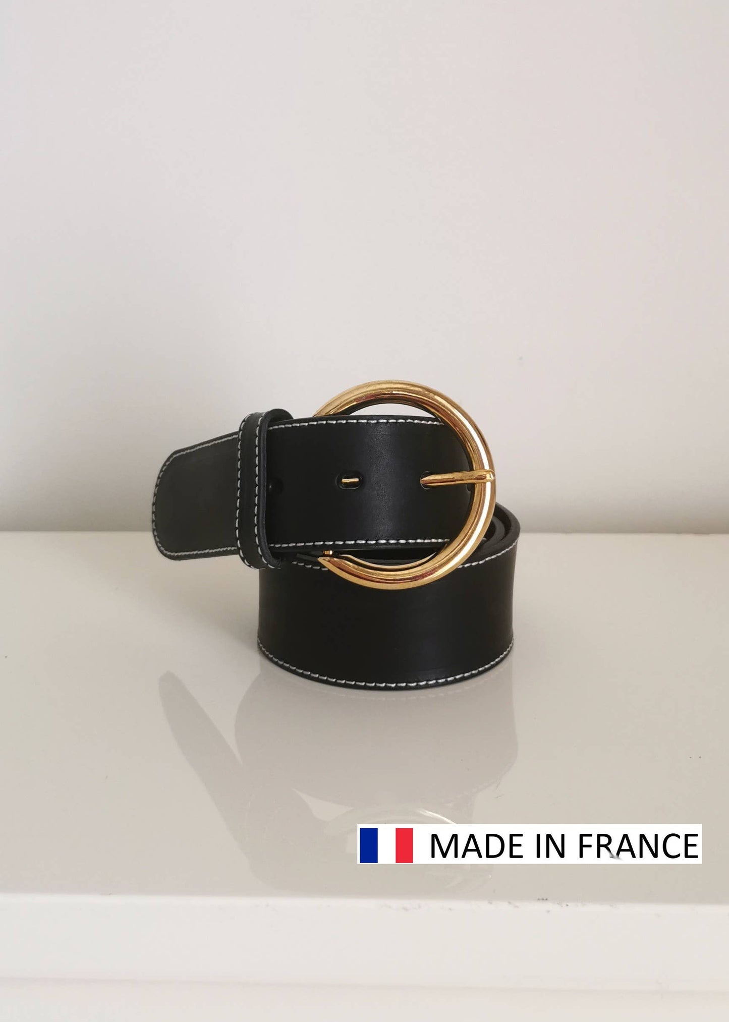 Ceinture en cuir Vachette surpiquée 40mm - boucle ronde: Cognac / 75