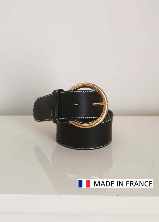 Ceinture en cuir Vachette surpiquée 40mm - boucle ronde: Cognac / 95