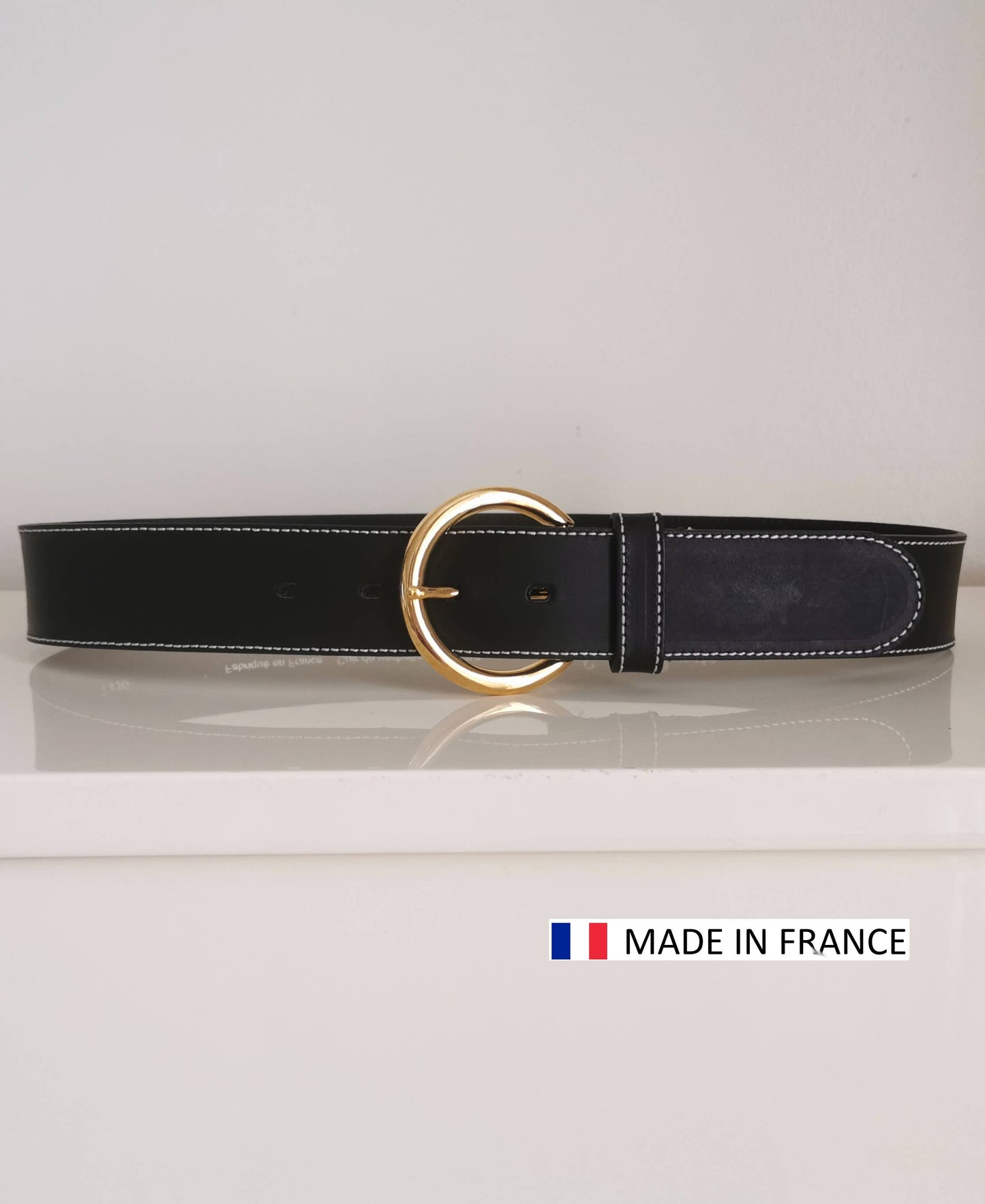 Ceinture en cuir Vachette surpiquée 40mm - boucle ronde: Cognac / 95