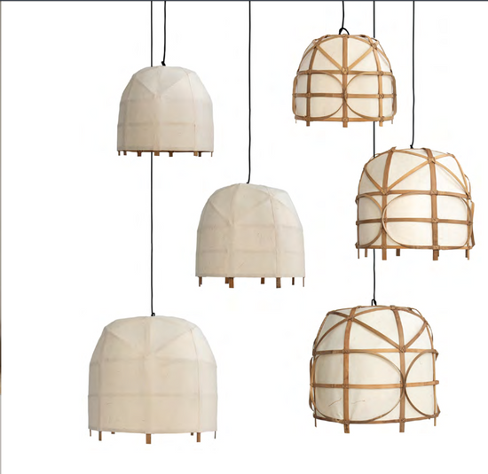Japanese Pendant Light, White &amp; Bamboo AY